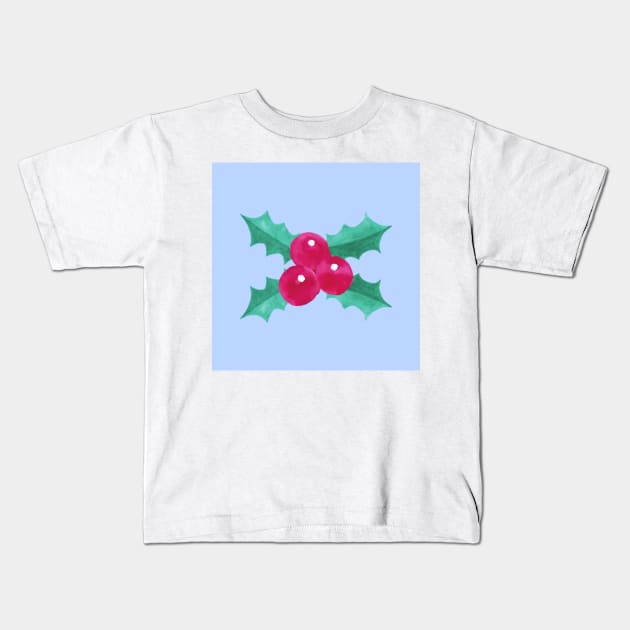 Blue Seasonal Holly Berries Kids T-Shirt by Steph Elle